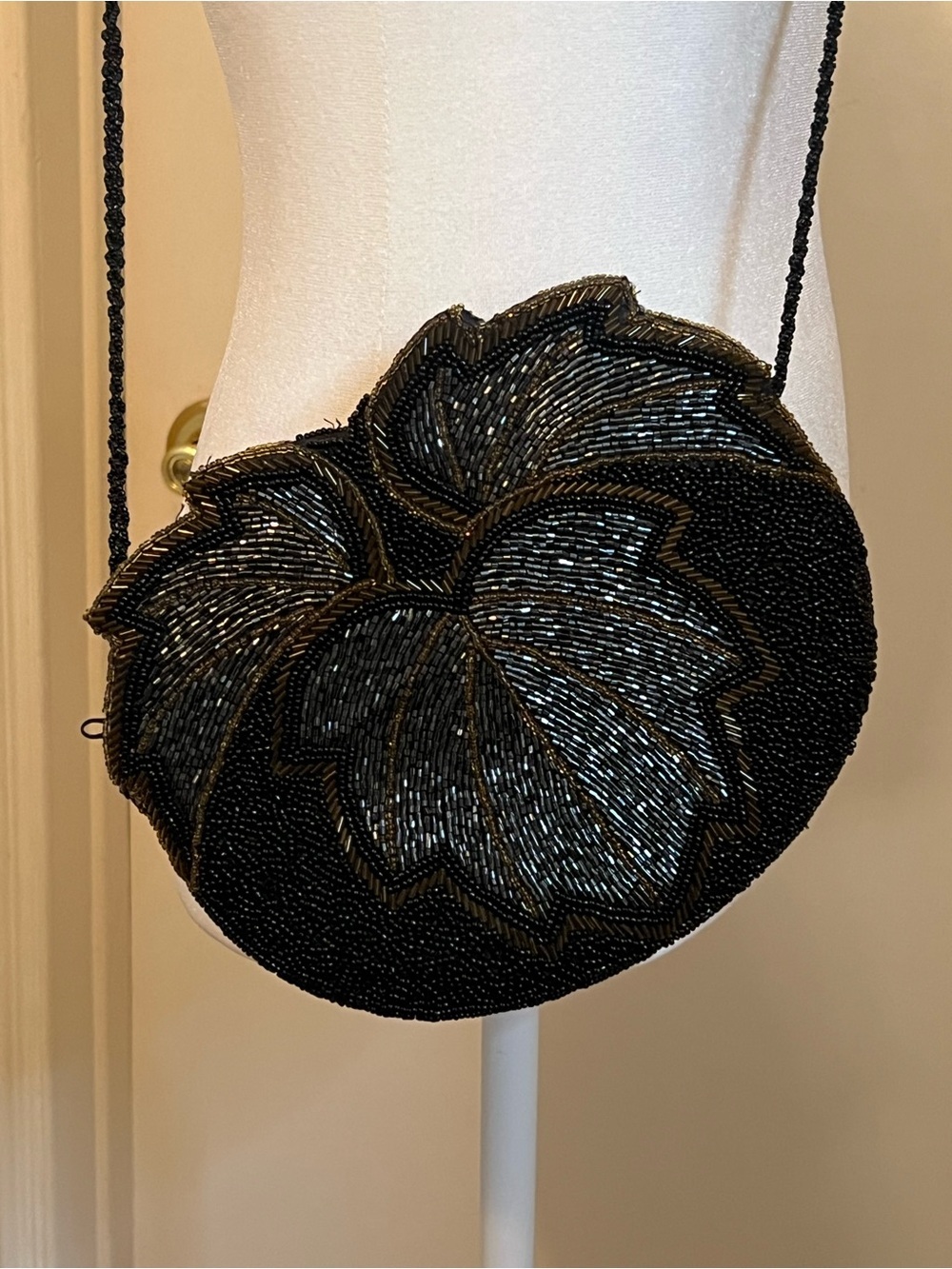 Vintage 1990s Black Hand Beaded Leaf Evening Bag | YKK Zipper | Made in China